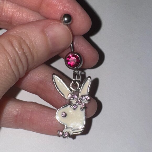 Hot Pink and white Play boy-looking Bunny Dangle Belly Ring - Picture 1 of 9